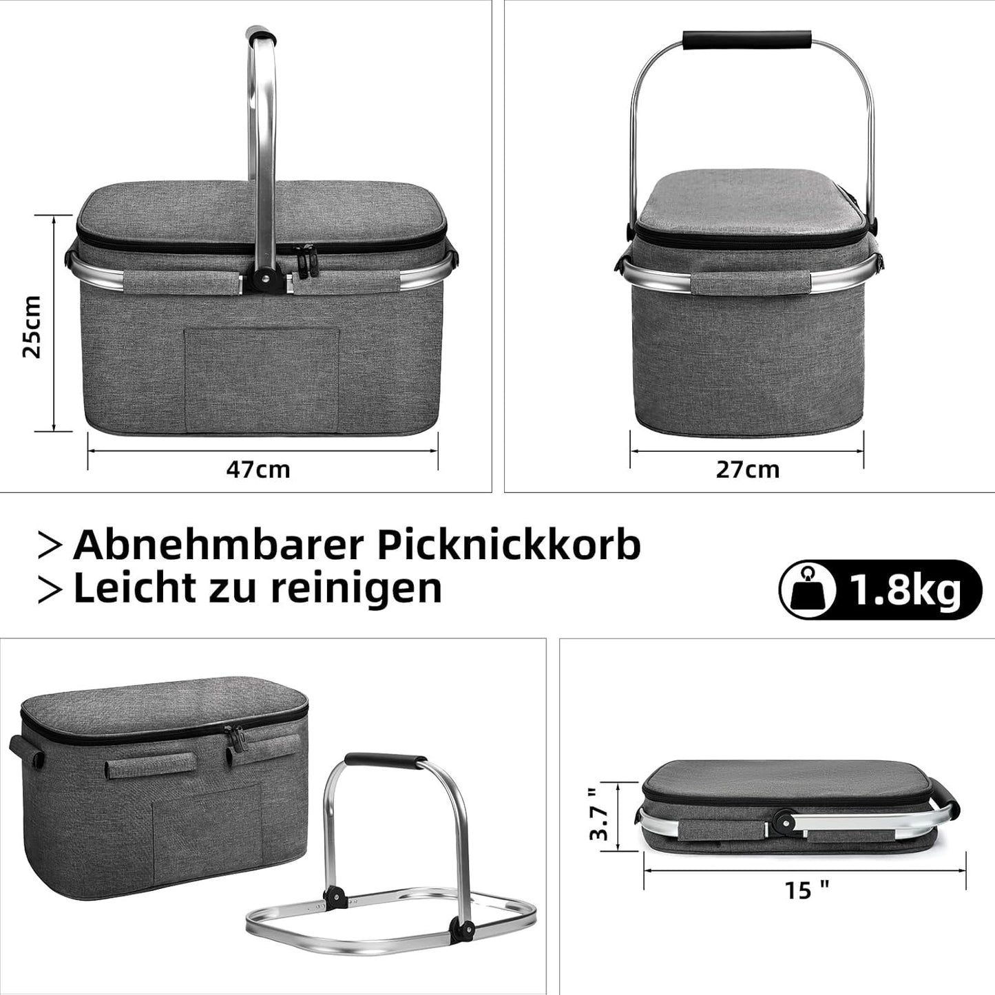 Faltbare isolierte Kühltasche mit Kühlakkus, 32l Hellgrau
