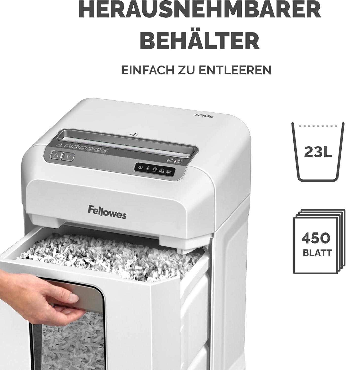 Aktenvernichter 12Ms, Single 12MS – 12 Blatt – Mini Cut – 23 Liter Papierkorb, 23-Liter-Auffangbehälter, Weiss