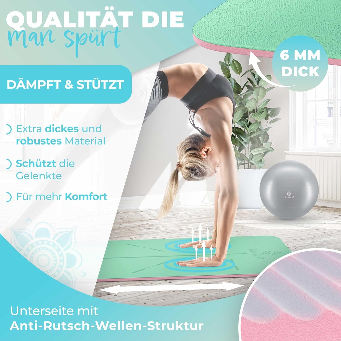 Gymnastik- und Fitnessmatte mit Tragegurt, Mint / Rose
