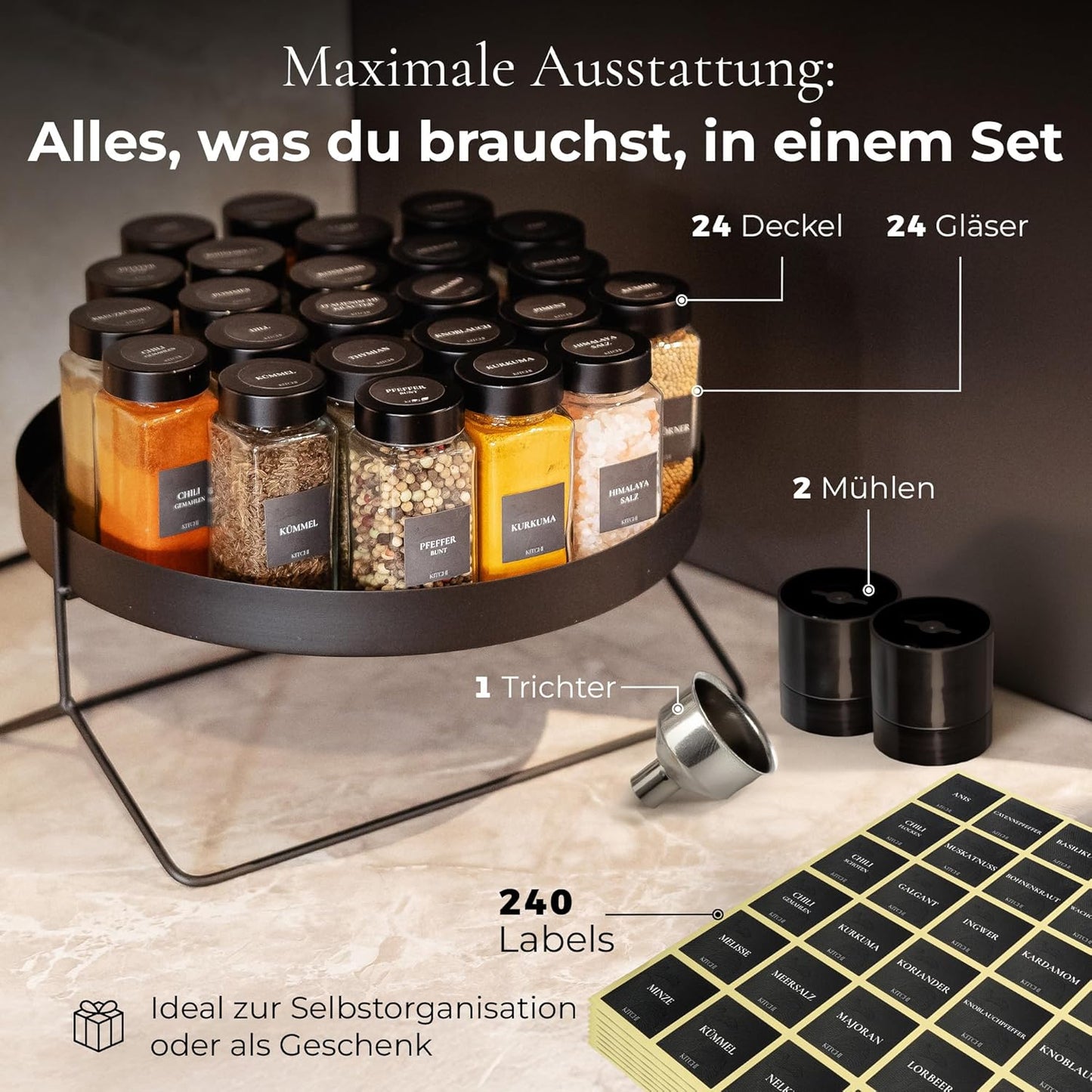 Gewürzgläser-Set mit Mühlen, Schwarz + 2 Mühlen
