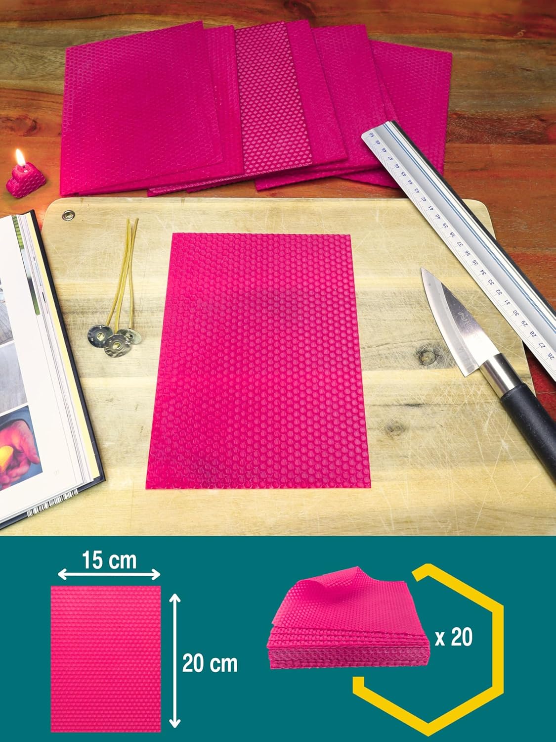 20er Set Bienenwachsplatten für Kerzenherstellung, Pink | 20 X 15 Cm