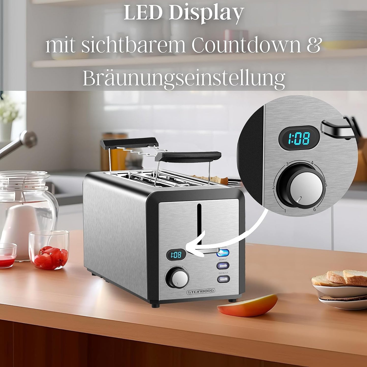 Langschlitz-Toaster für 4 Scheiben mit LED-Display