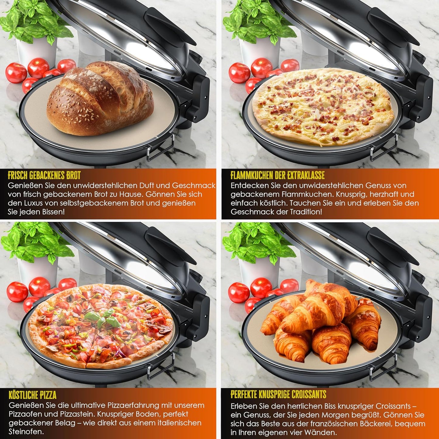 Pizza-Ofen mit feuerfester Steinplatte & Timer, Schwarz