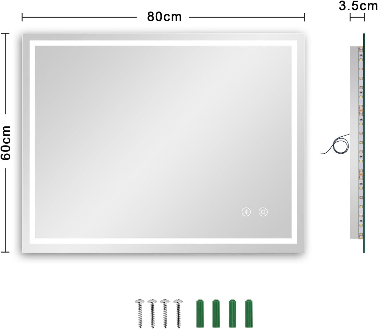 LED-Badspiegel mit Touch-Schalter (60x80 cm), Beschlagfrei + 3 Lichtfarbe + Dimmbar ; 60L x 80B cm