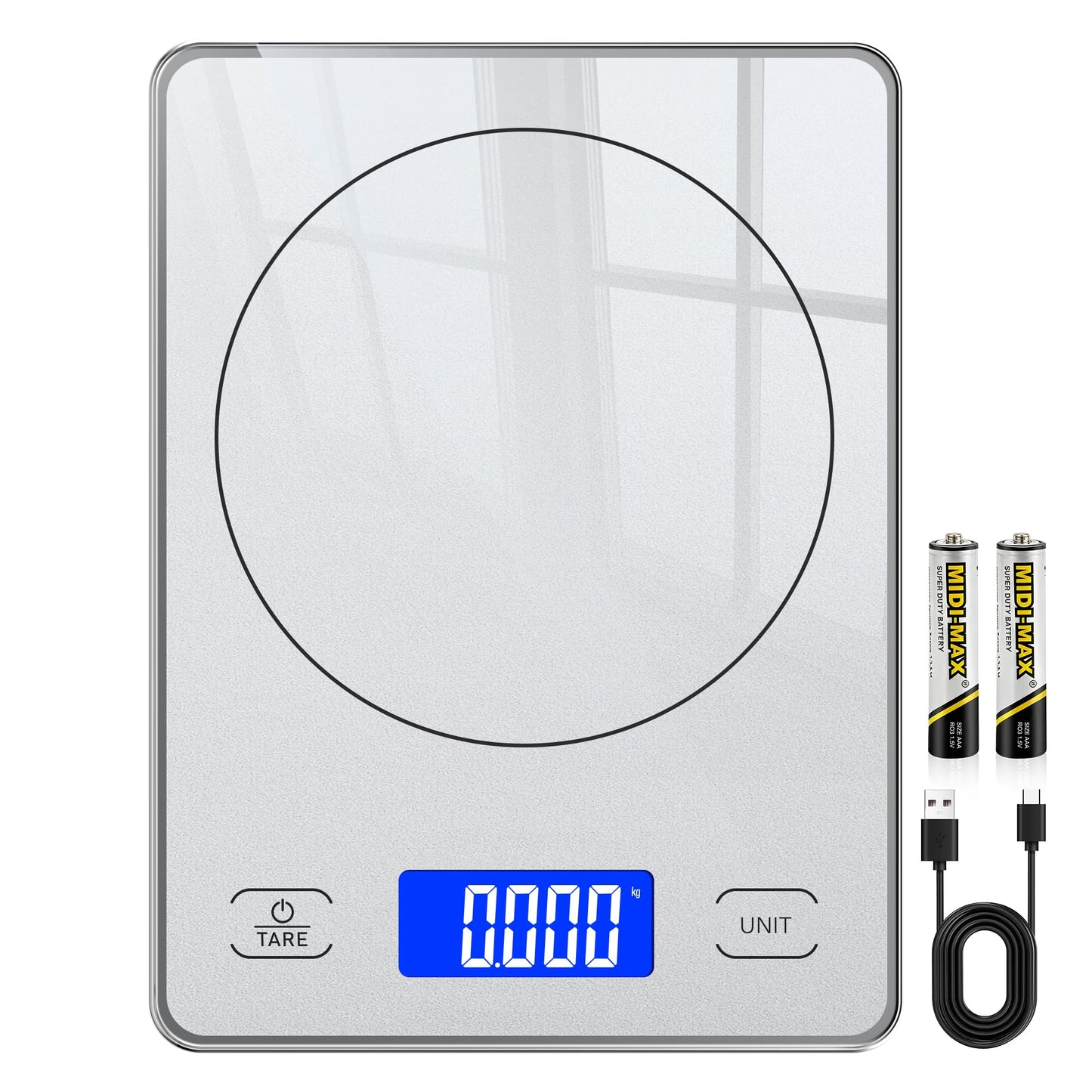 Digitale Küchenwaage mit 15 kg Kapazität, USB/Batterie, Hellsilber
