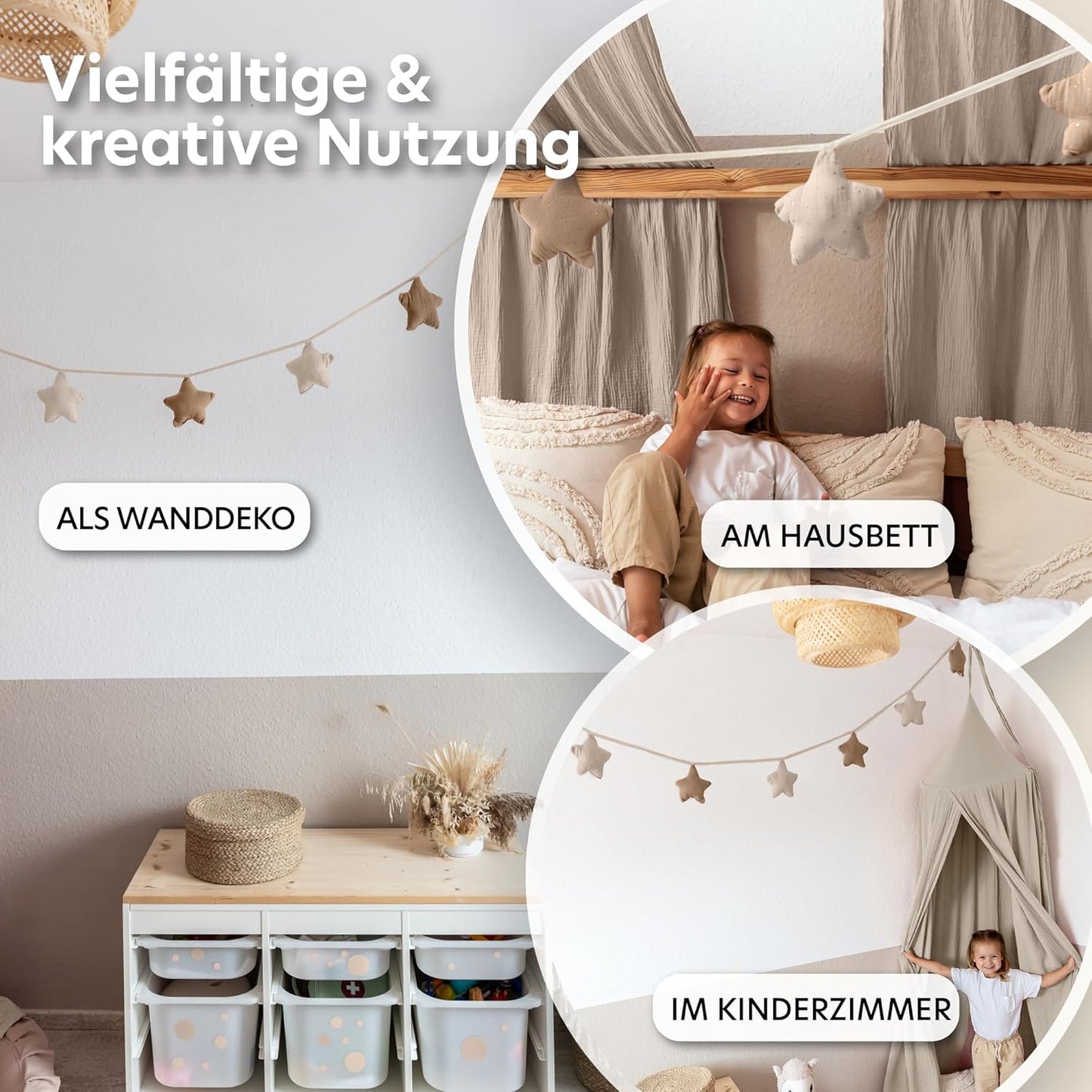 Sternenkette mit Goldapplikation, Hellbeige & Dunkelbeige Sterne mit Goldapplikation