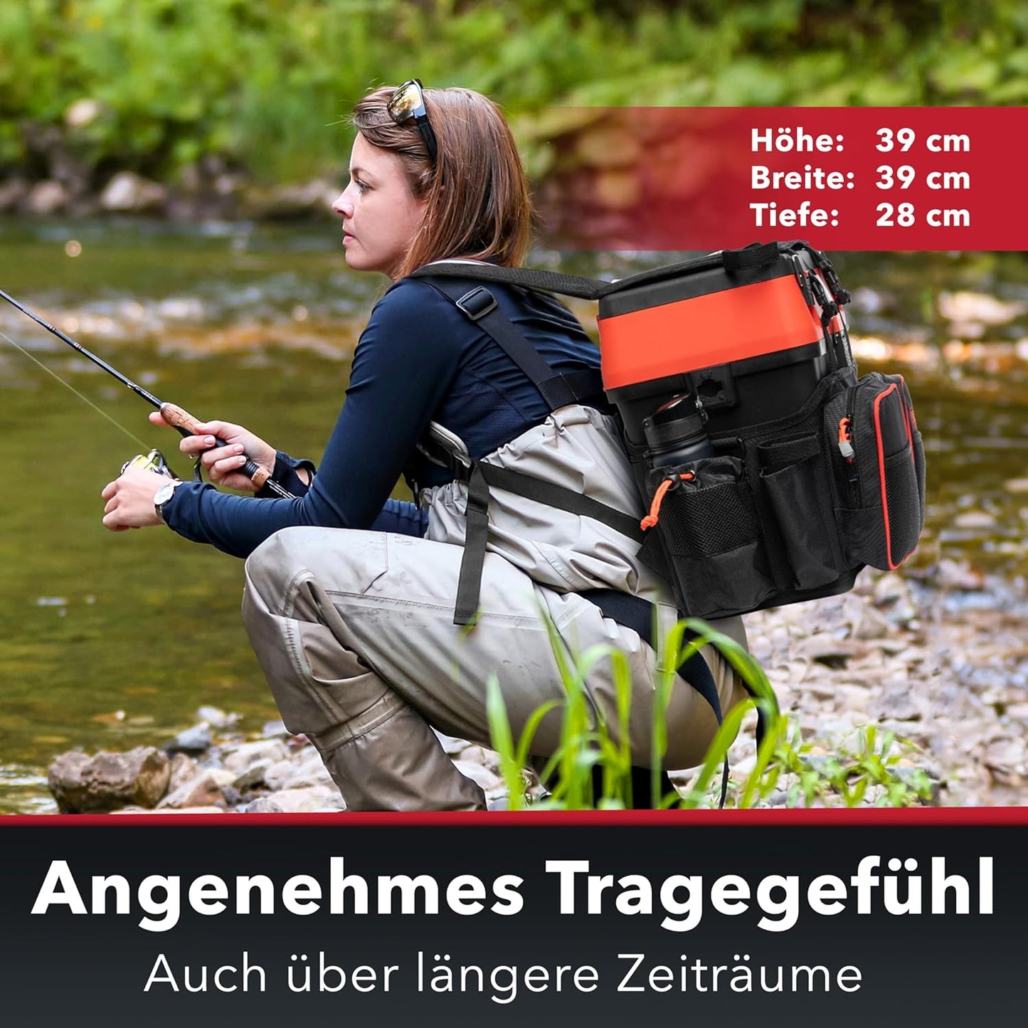 2in1 Angelrucksack mit Sitzfunktion, Schwarz/Rot