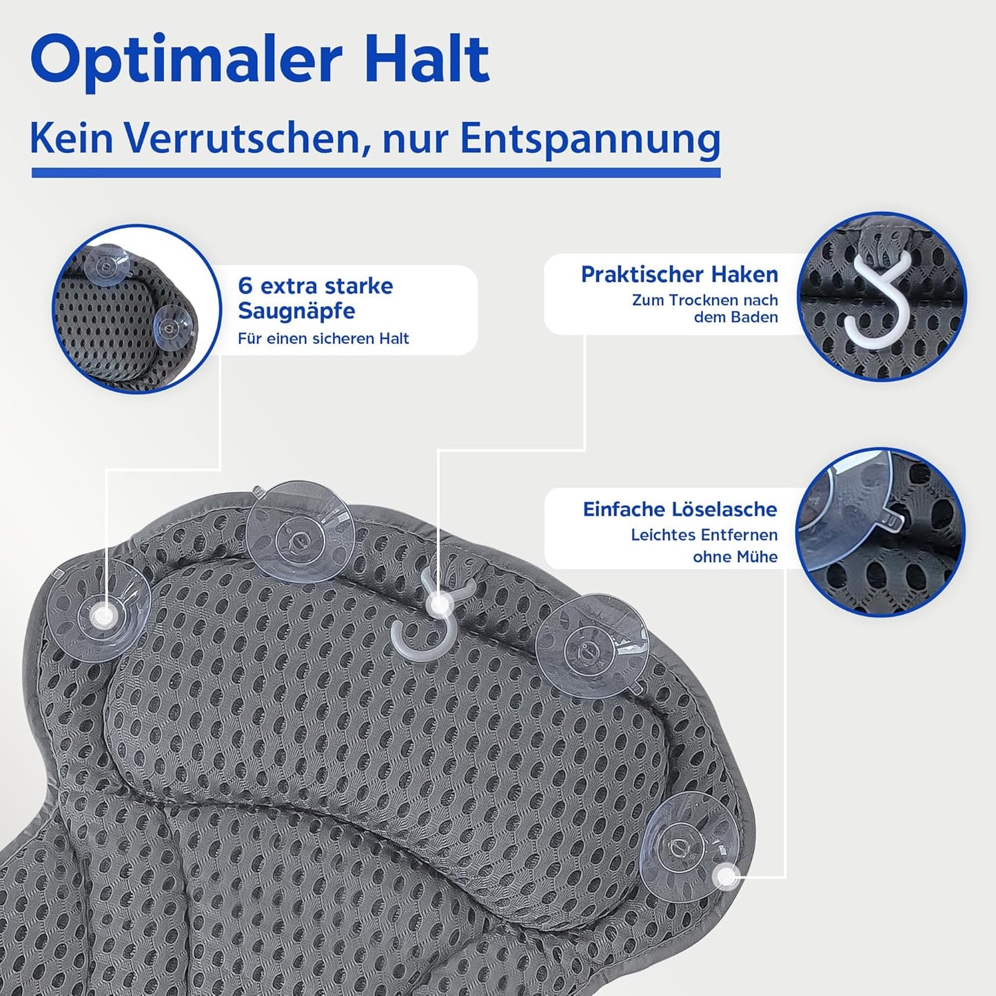 Ergonomisches Badewannenkissen mit Saugnäpfen, Grau L extra breit