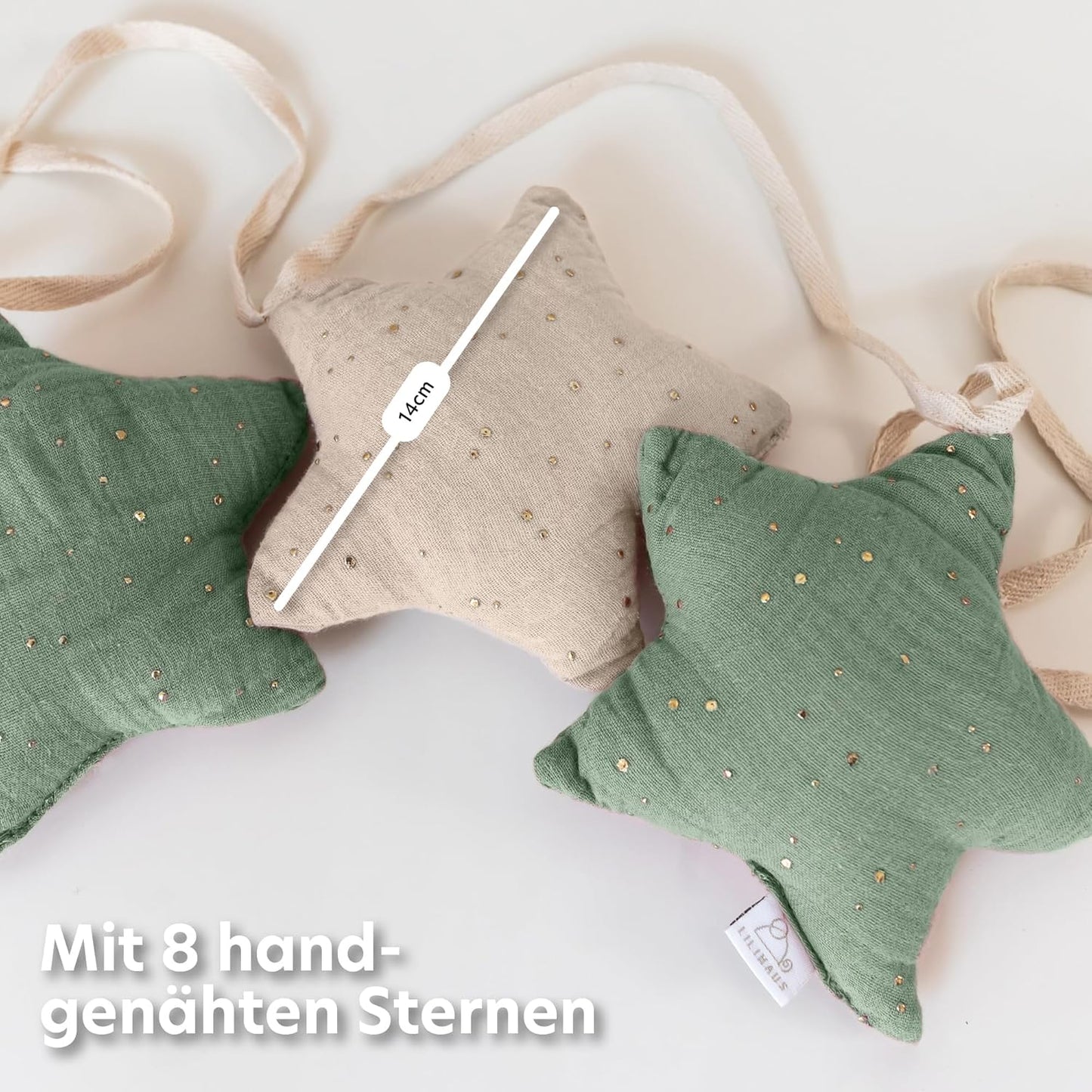 Sternenkette mit Goldapplikation, Eukalyptus & Hellbeige Sterne mit Goldapplikation