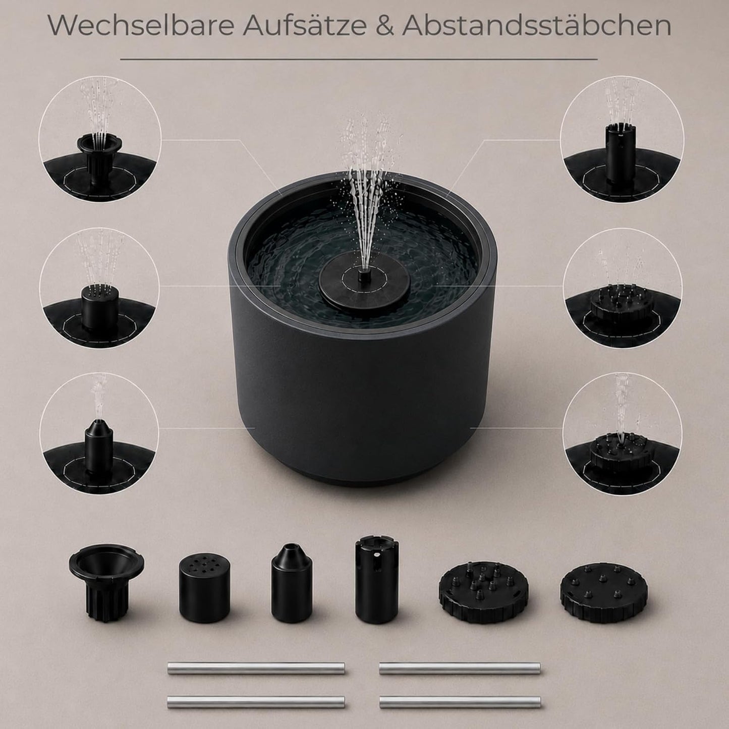 Solarbrunnen mit Akku für Aussenbereich, Anthrazit Ø 47 x H 45 cm