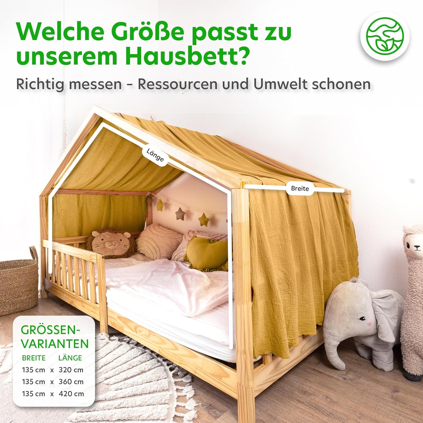 Betthimmel für Kinderhausbett, Senfgelb mit Gold 135 x 420cm