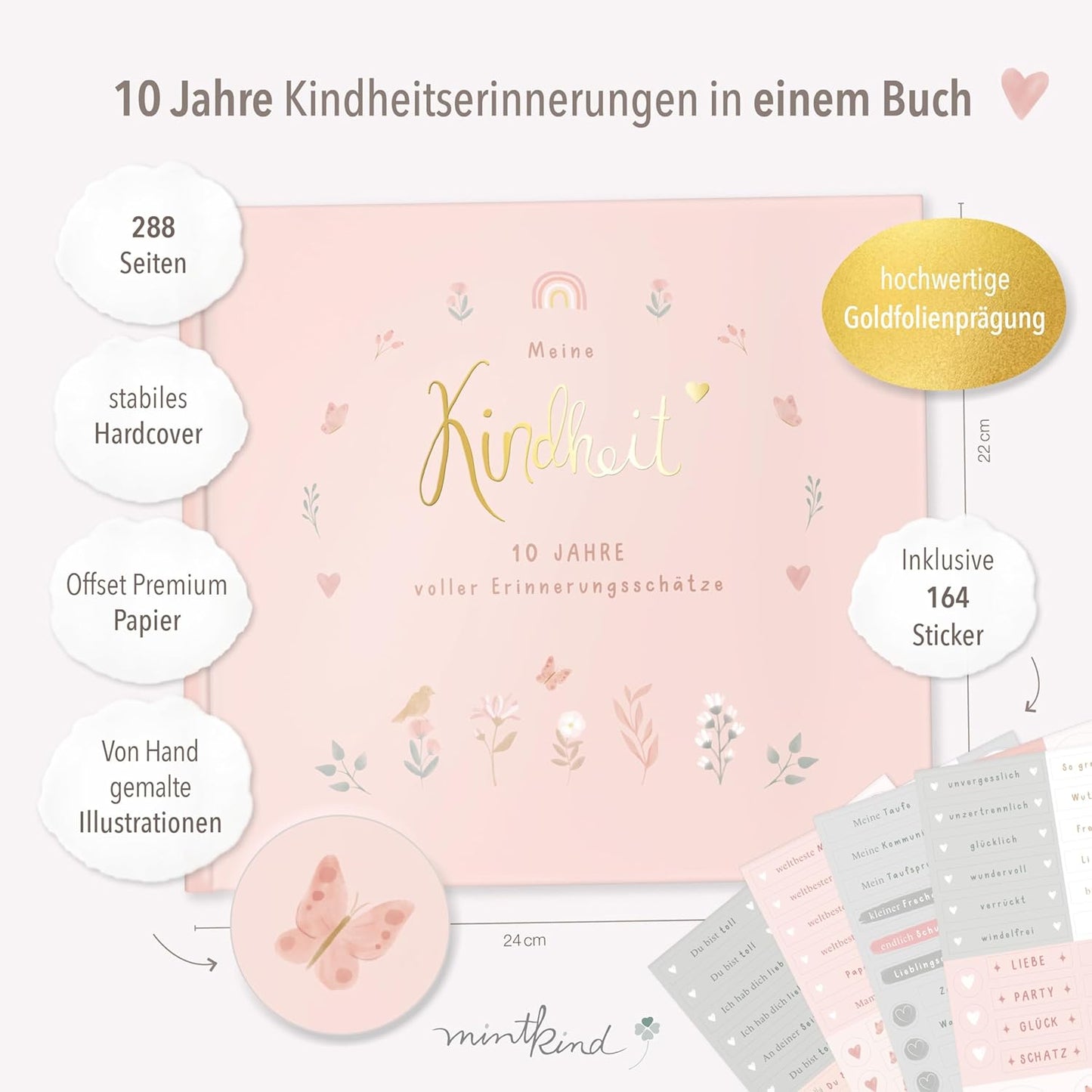 "Meine Kindheit" Erinnerungsalbum für die ersten 10 Jahre, mit Stickerset, Blumen