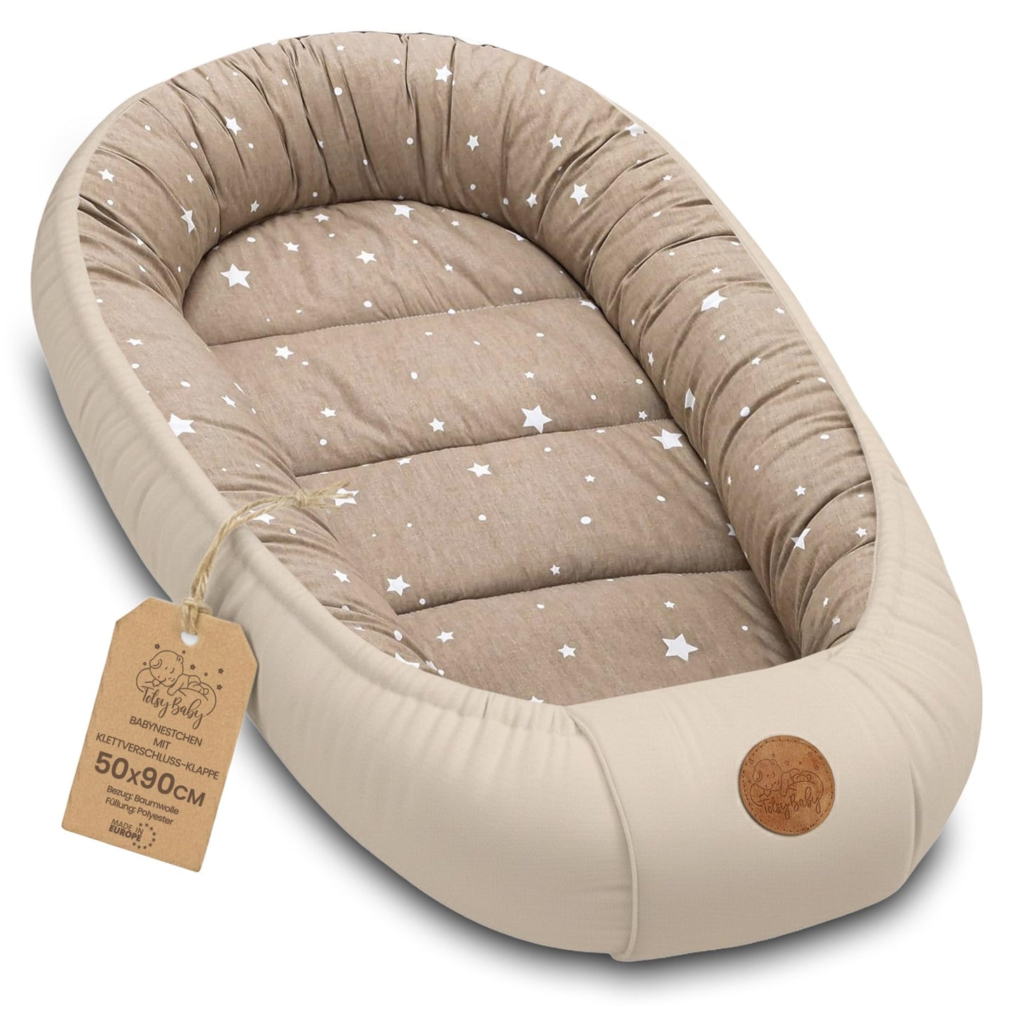 Tragbares Babynest für Neugeborene, Beige mit Weiss Sternen 90x50cm