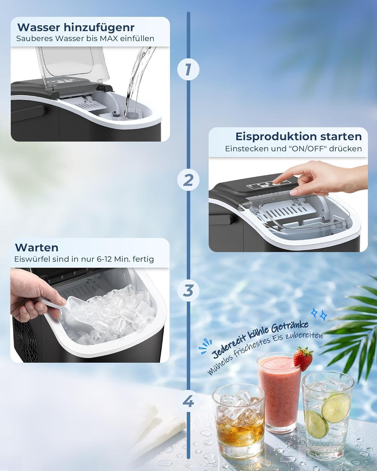 Eiswürfelmaschine mit Selbstreinigung, Schwarz