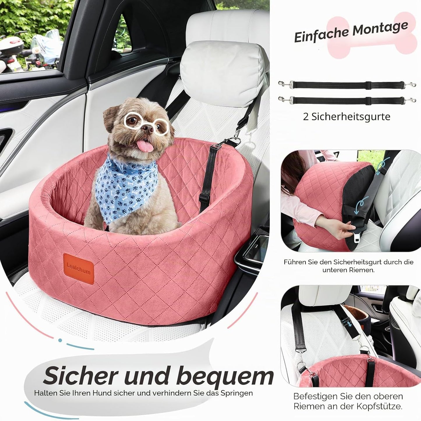 Hunde-Autositz mit Sicherheitsleine und rutschfester Unterseite, Pink Small
