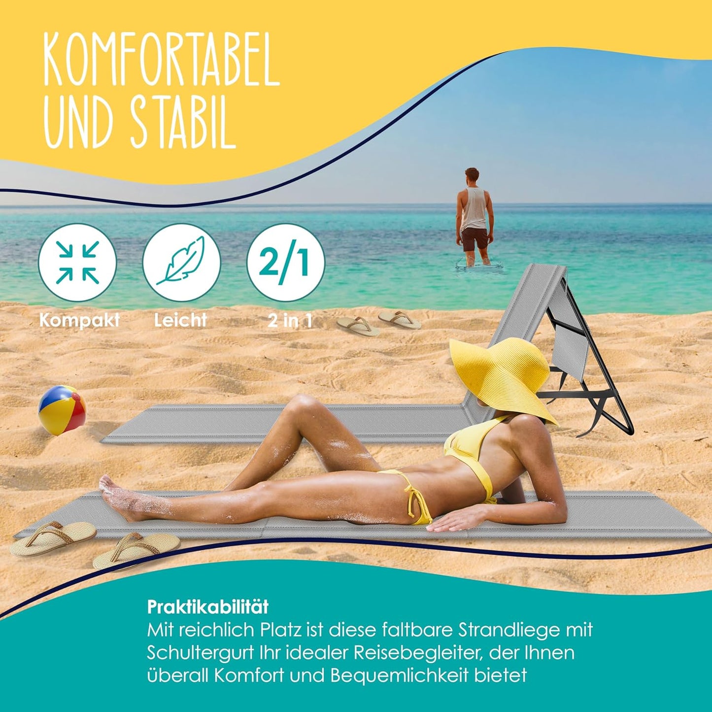Klappbare Strandmatte mit verstellbarer Rückenlehne und Tragegurt, 1 Stück Grau