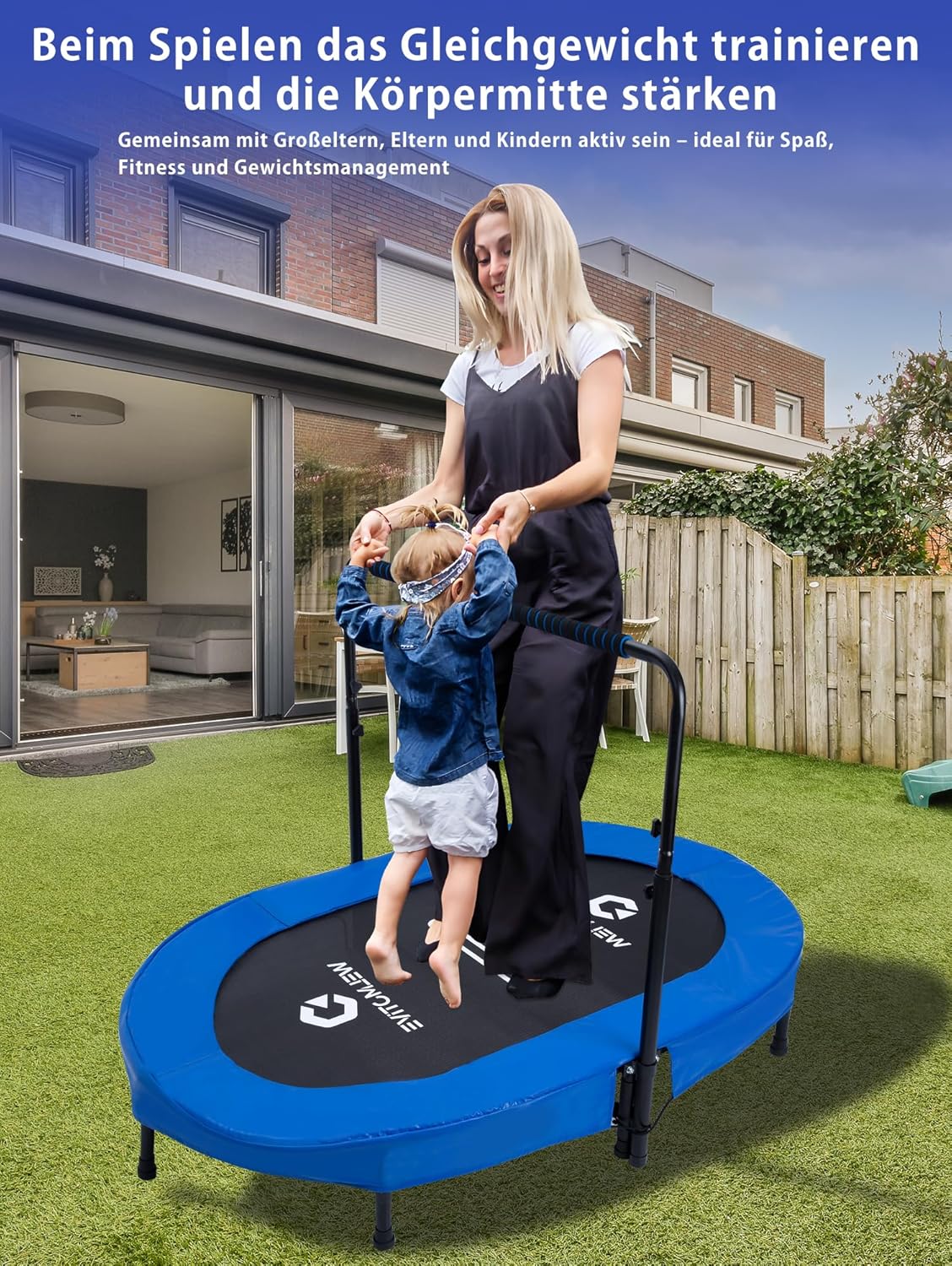 Indoor Trampolin für 2 Personen, Dunkelblau mit Griff