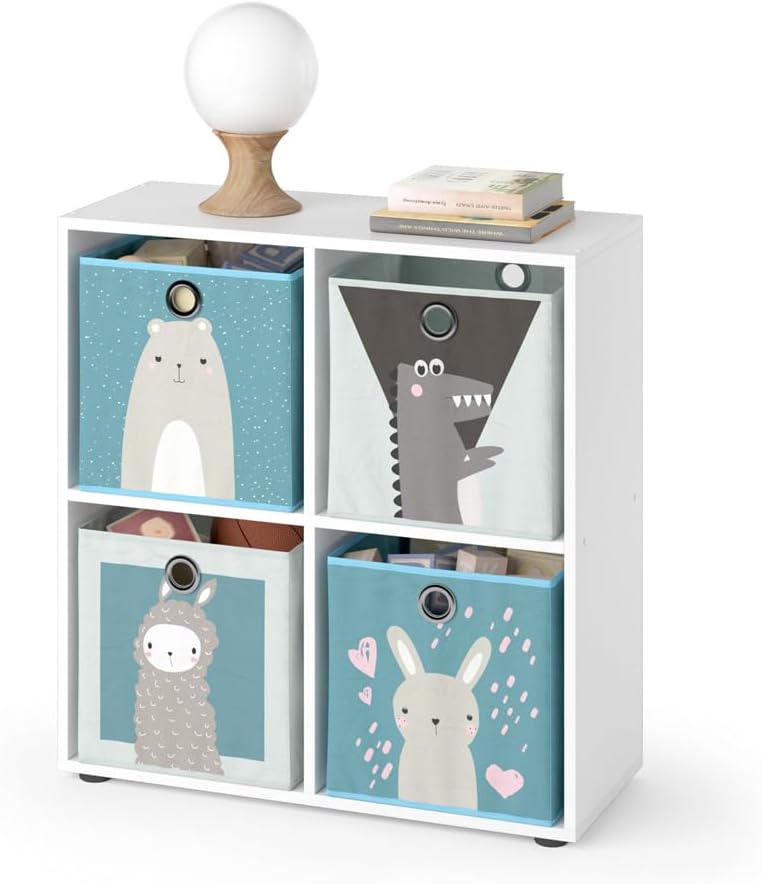 Kinderregal Tetra, Weiß 4 Fächer Faltboxen: grau, blau