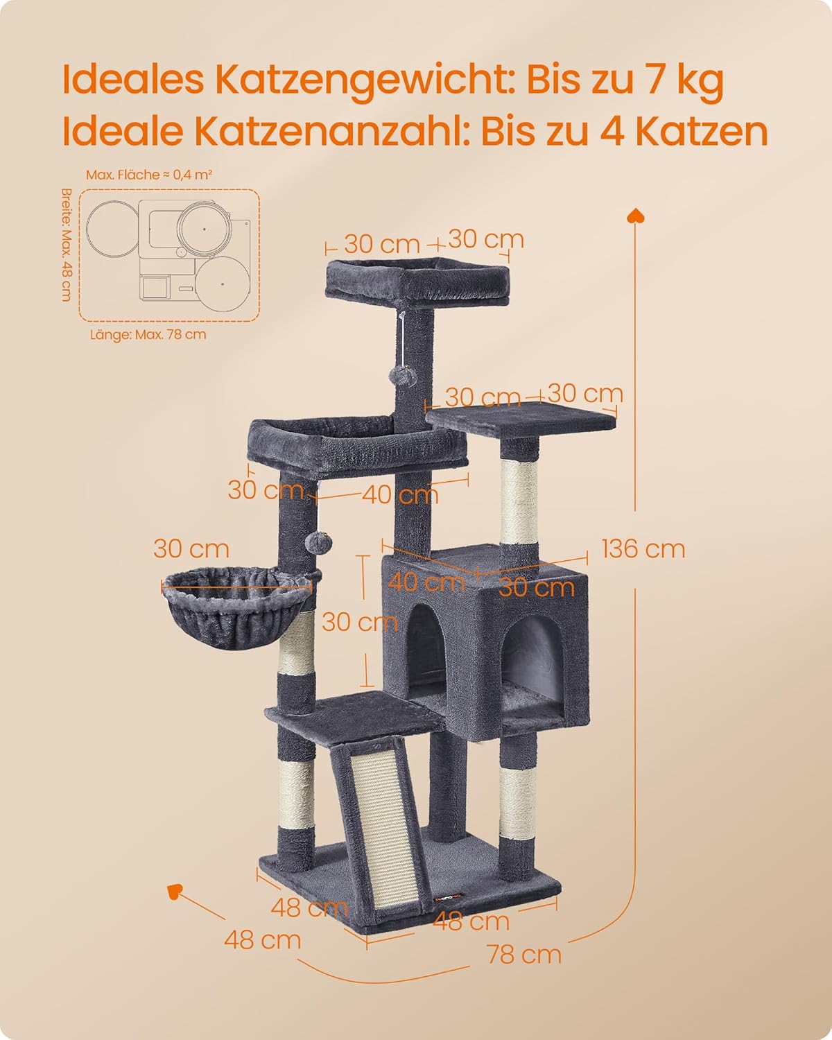 Kratzbaum PCT012GS01 mit Höhle und Plattformen, dunkelgrau