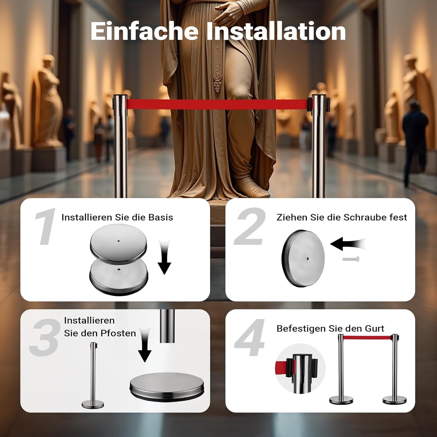 Absperrpfosten mit Zugband, Silberfarben