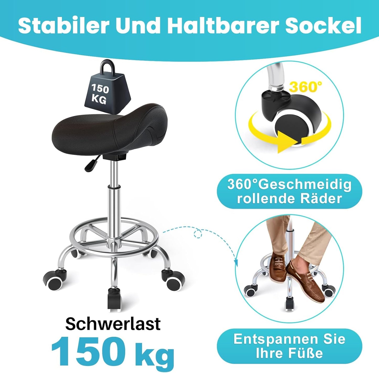 Ergonomischer Sattelhocker mit Rollen und Pedal, Schwarz