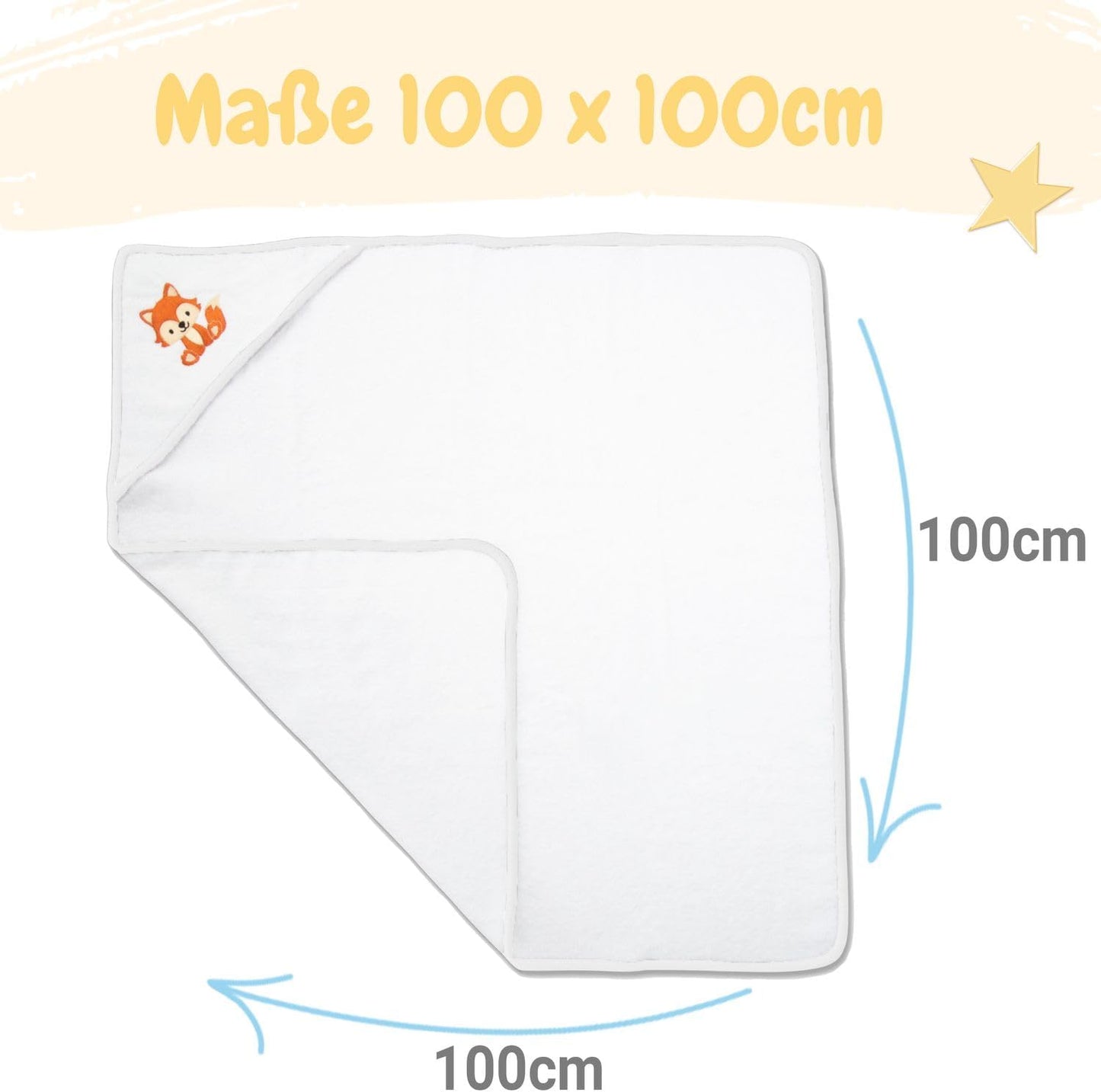 3-teiliges Baby Kapuzenhandtuch-Set mit Waschlappen, Fuchs-Motiv, 100 x 100 cm, Fuchs Weiß 100 x 100