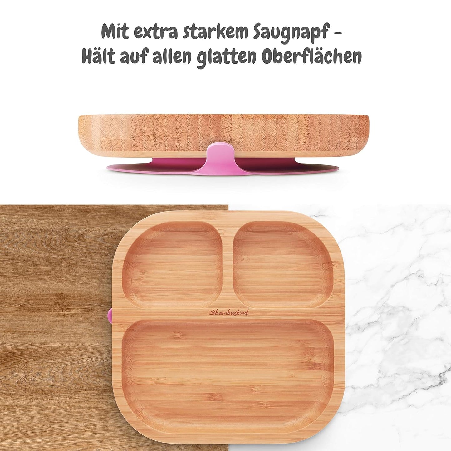 Kinderteller mit Saugnapf aus Bambus, Pink