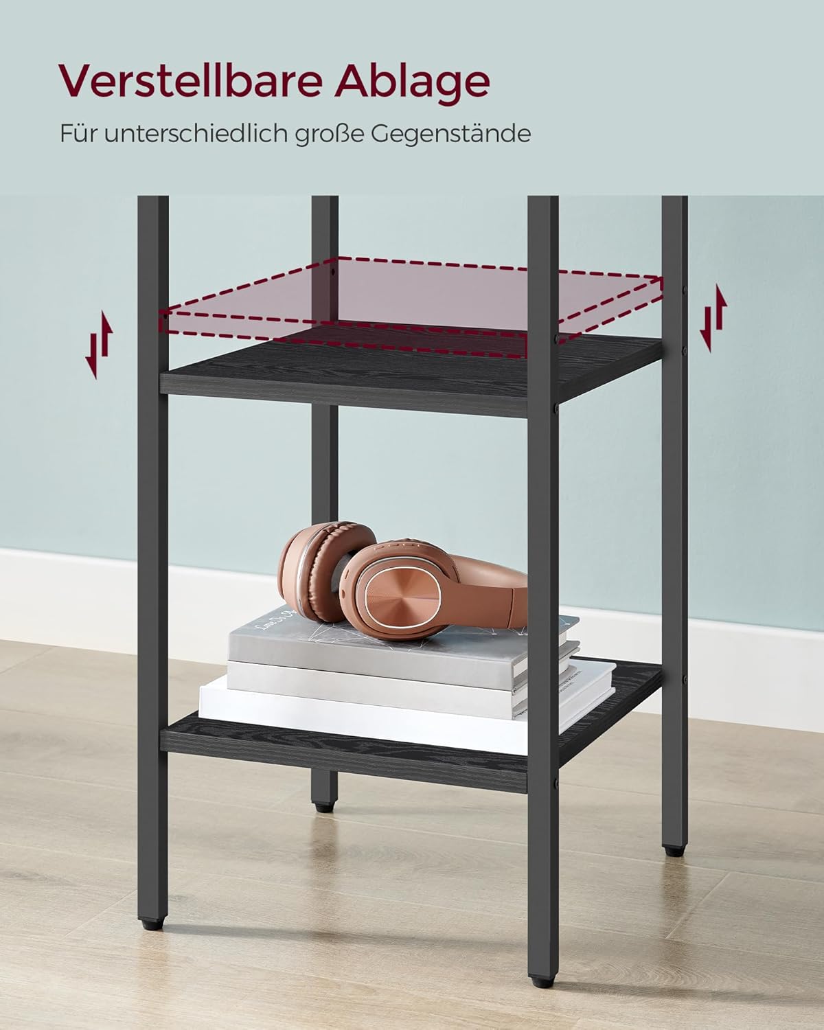 Nachttisch mit Schublade und Fächern im Industrie-Design, Ebenholzschwarz + Tintenschwarz