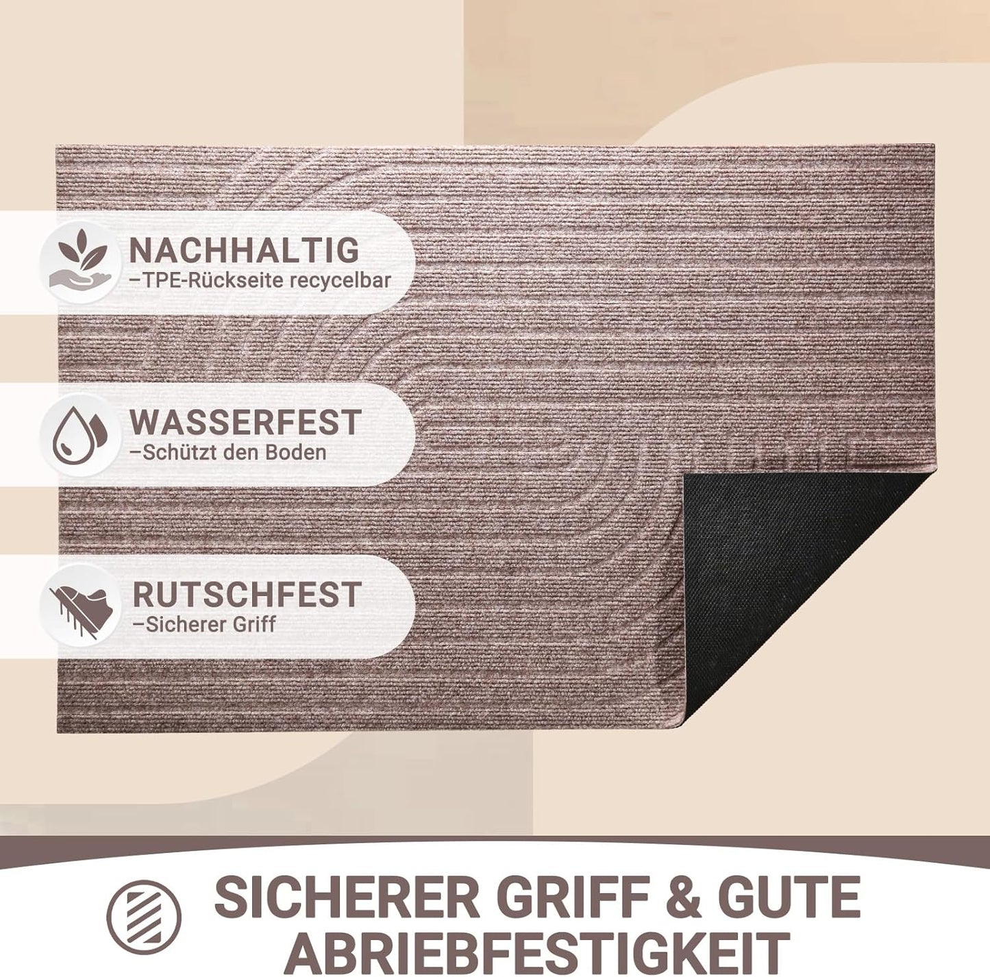 Rutschfeste Schmutzfangmatte, 60x90 cm, 60 x 90 cm Beige Braun Wirbel