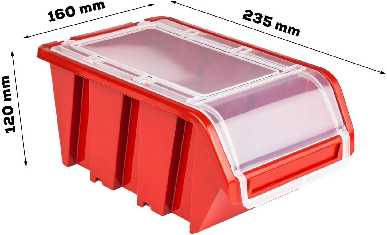 Wandregal mit 21 Sichtlagerkästen, 21 Box Rot