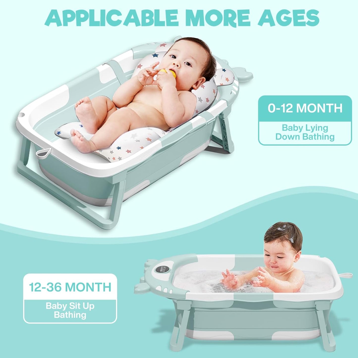 Faltbare Babybadewanne mit Thermometer und Badematte, Green