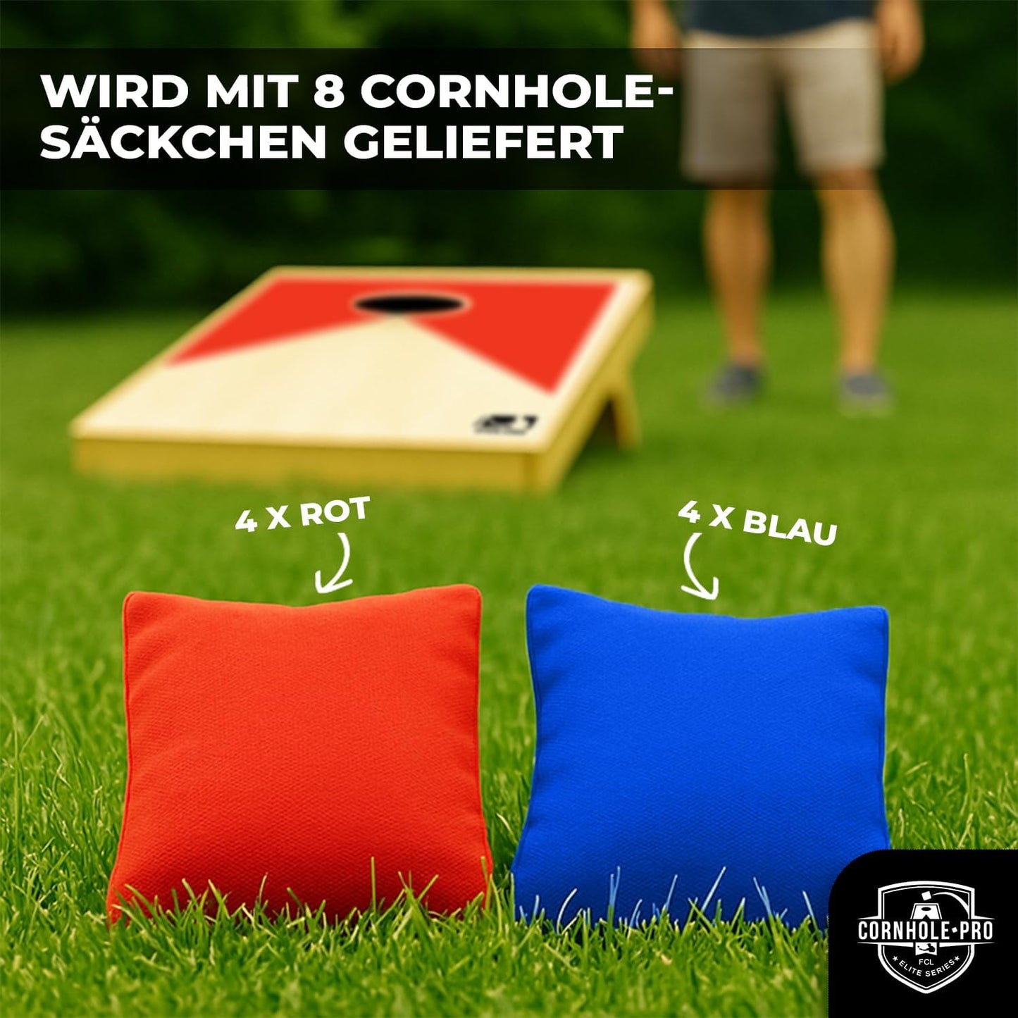 Cornhole Spielset mit 2 Boards & 8 Säckchen, Cornhole aus Holz Blau und Rot
