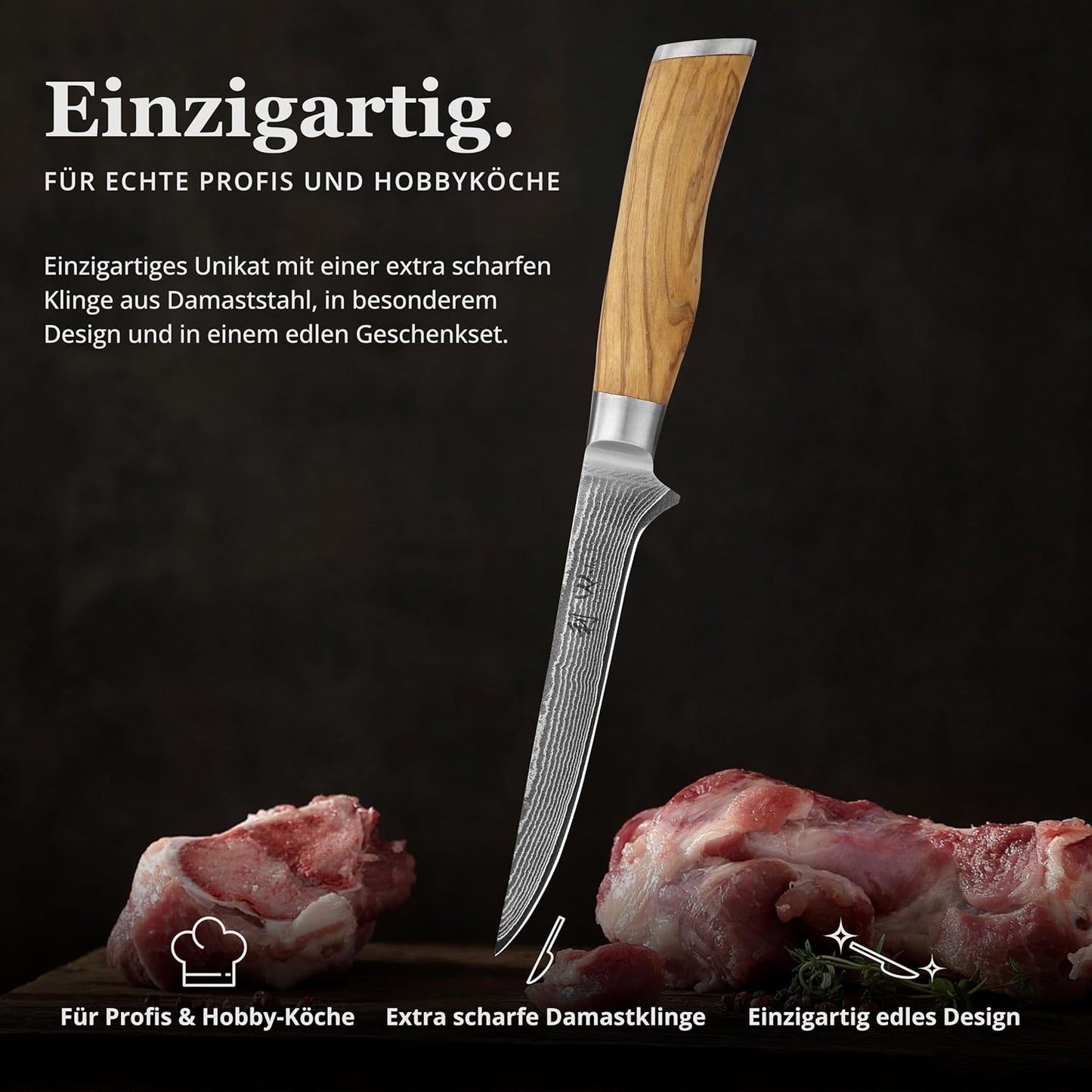 Damast-Ausbeinmesser mit Olivenholzgriff, Ausbeinmesser