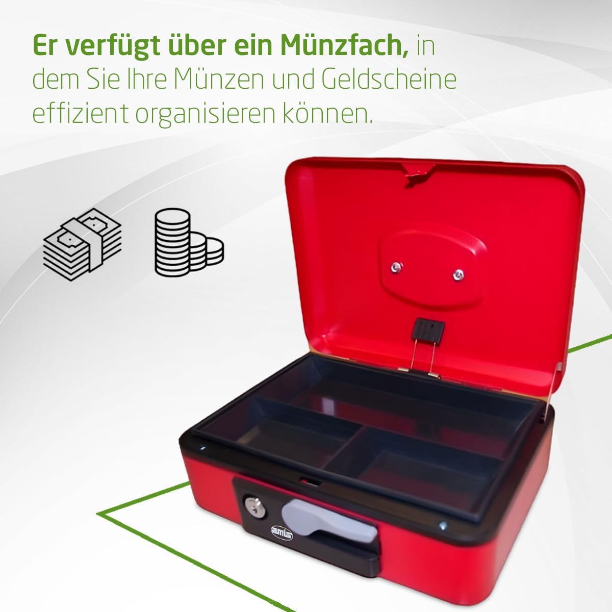 Sicherheits-Geldkassette mit Münzschale und Schlüssel, Rot 197 x 154 x 80 mm