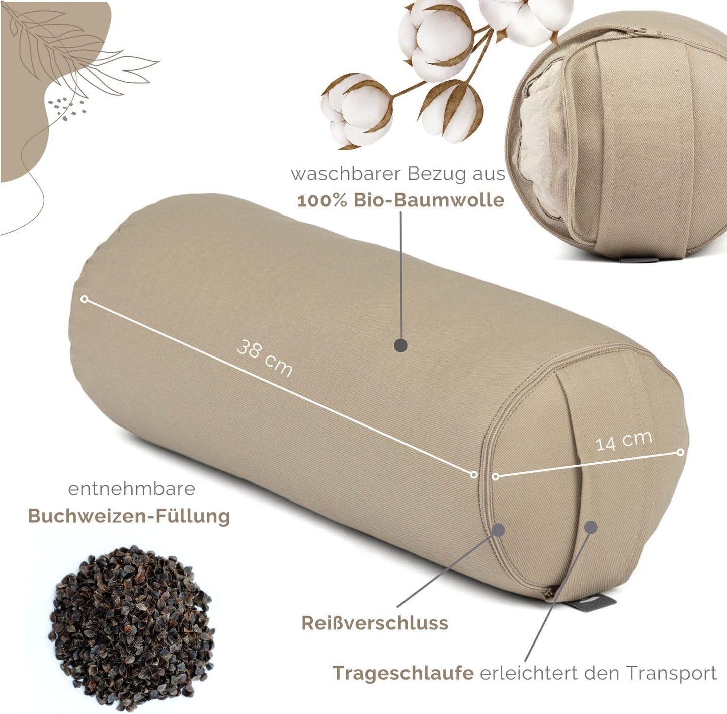 Mini Yogabolster mit Buchweizenfüllung und abnehmbarem Bezug, Light Taupe
