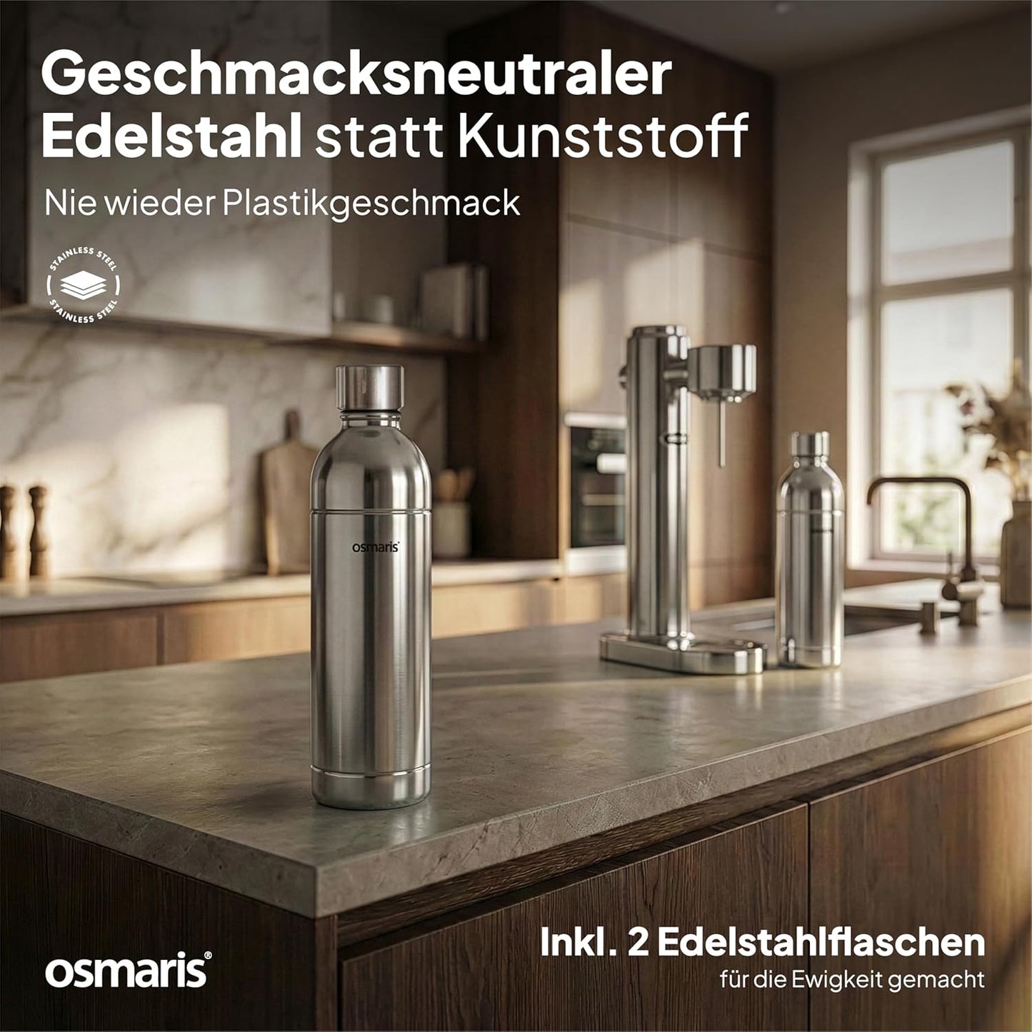 Wassersprudler mit 2 Flaschen, Edelstahl - Silber