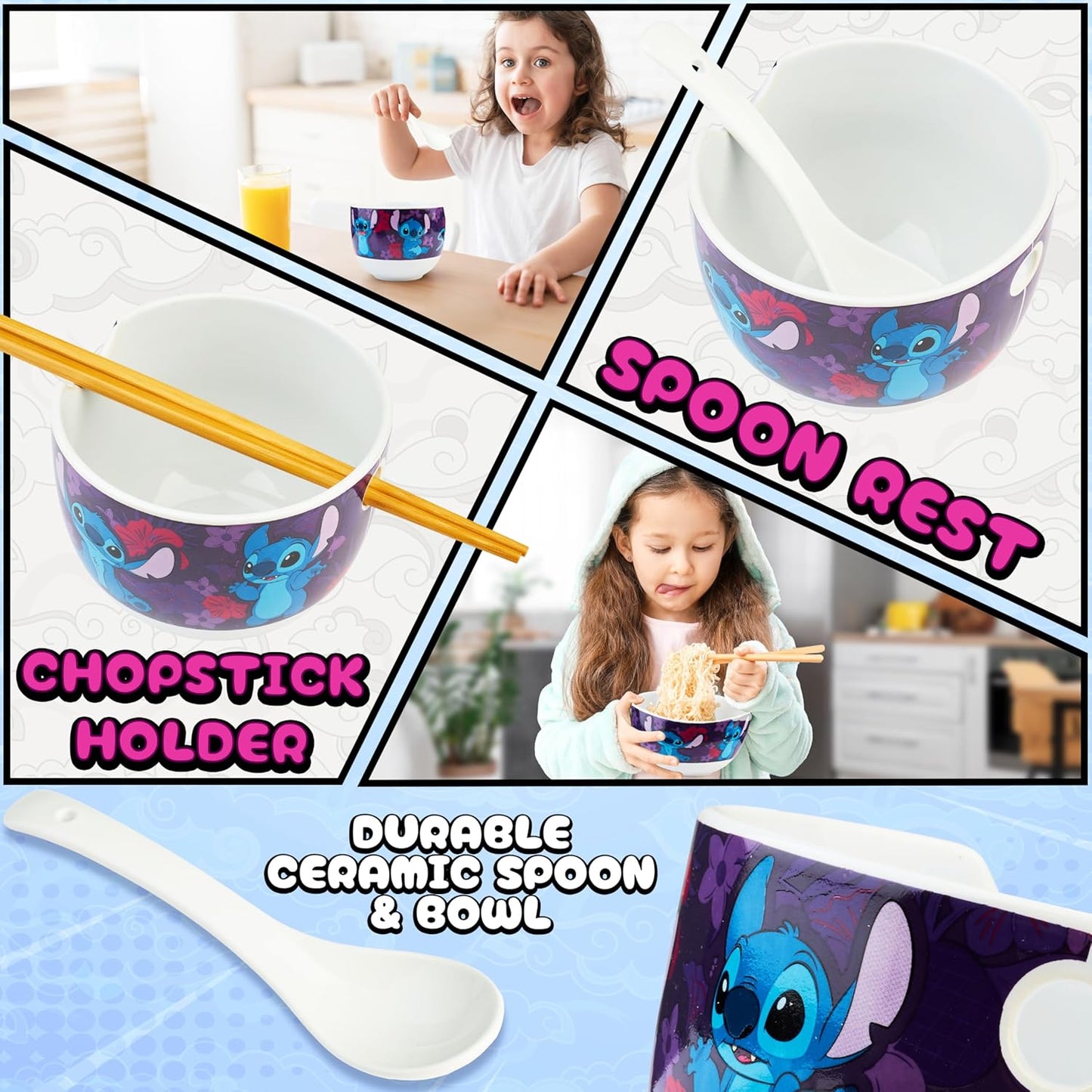 Ramen Schüssel Set mit Löffel & Essstäbchen für Kinder, Multi Stitch
