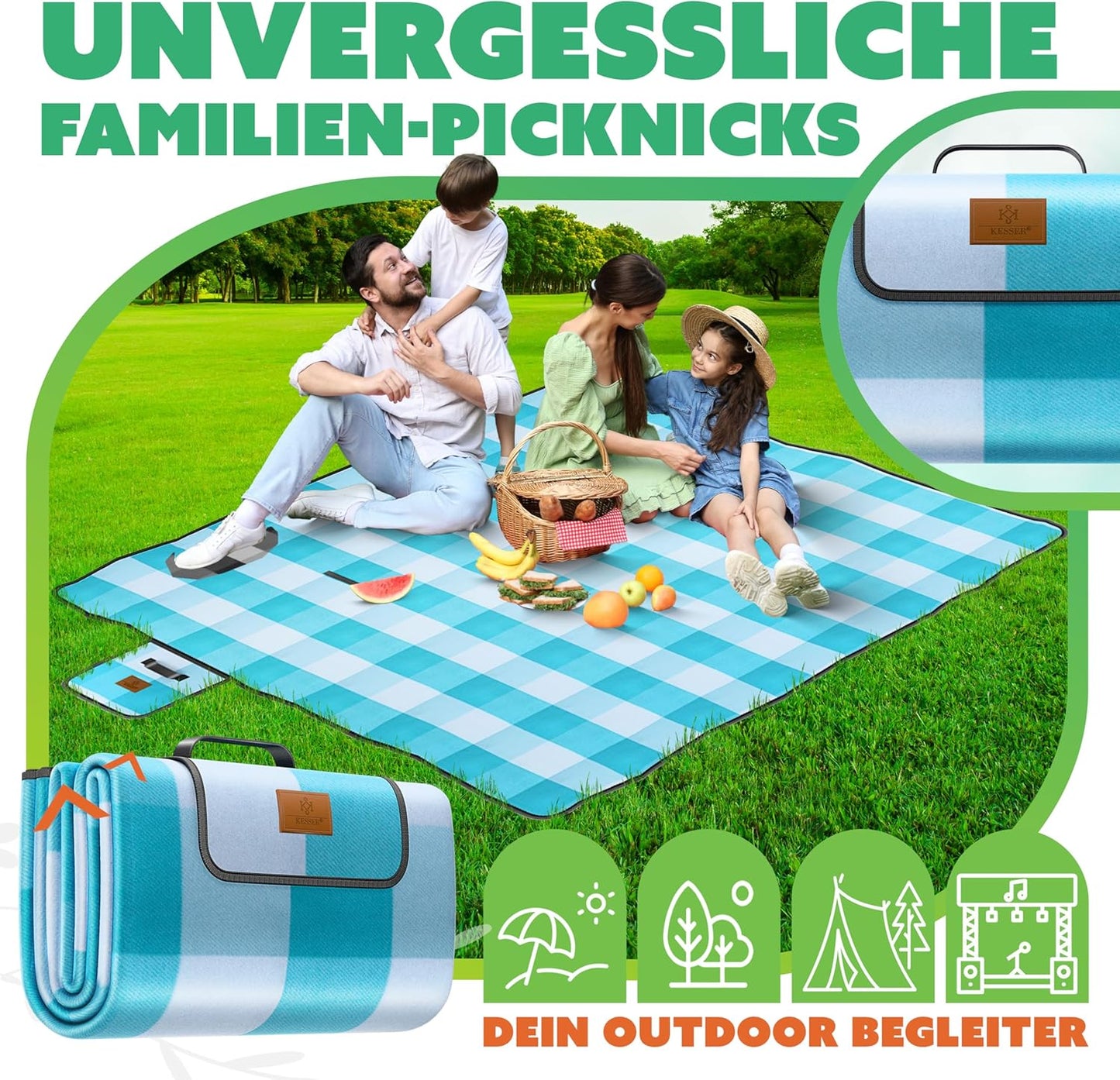 Picknickdecke, 200 x 200 cm (Quadratisch) Blau / Türkis