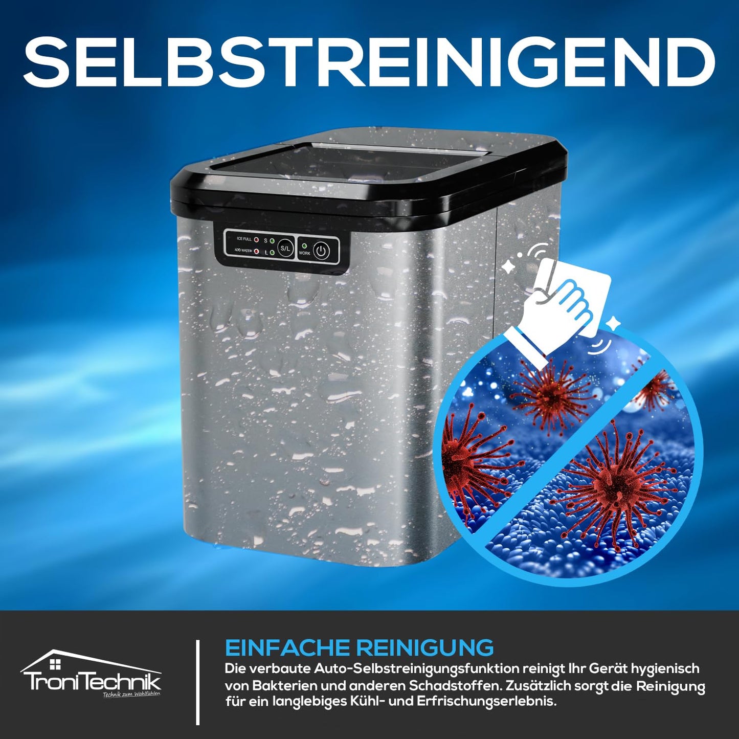 Eiswürfelmaschine mit Selbstreinigung, Edelstahl (Silber)