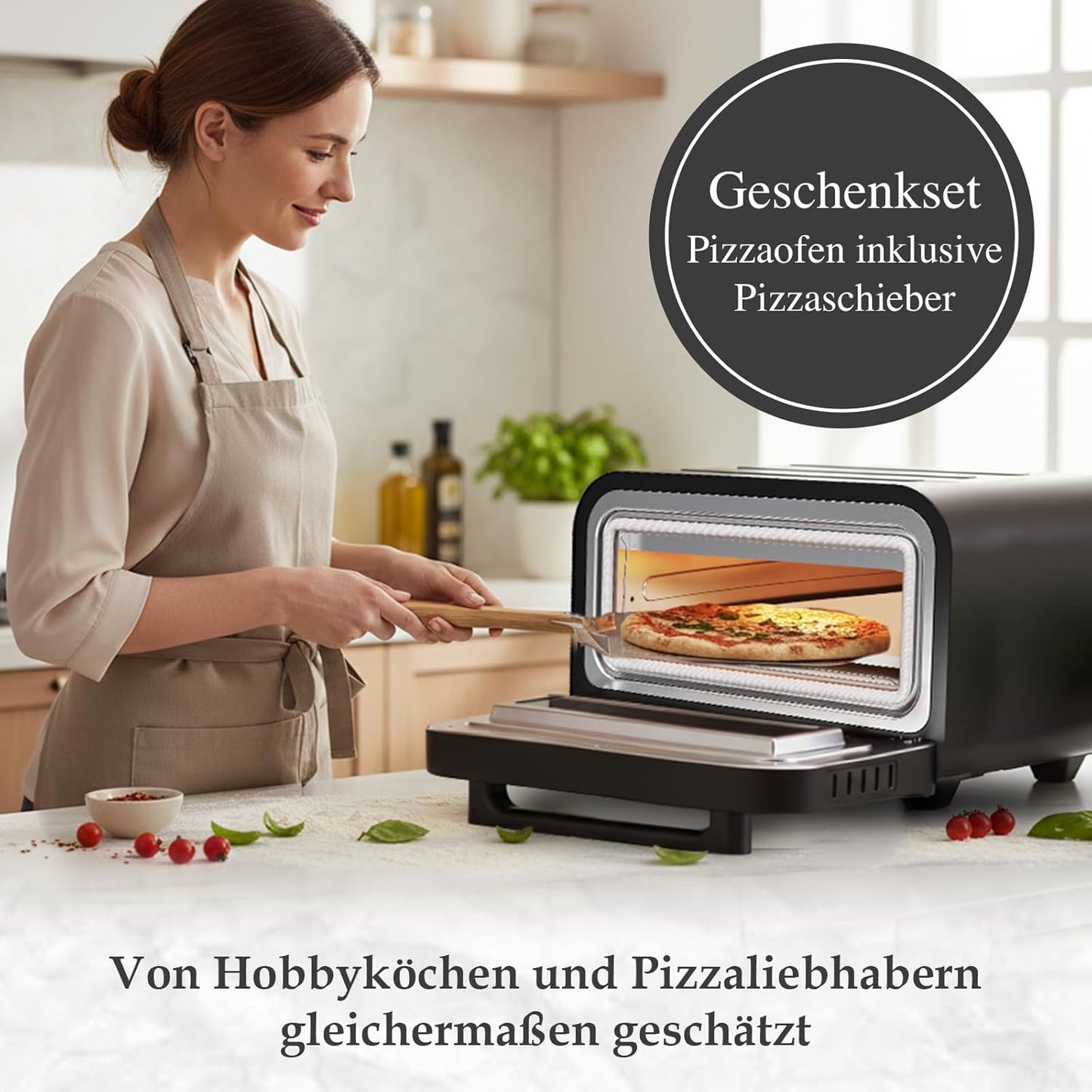 Elektrischer Pizzaofen mit Pizzastein & Timer, Schwarz
