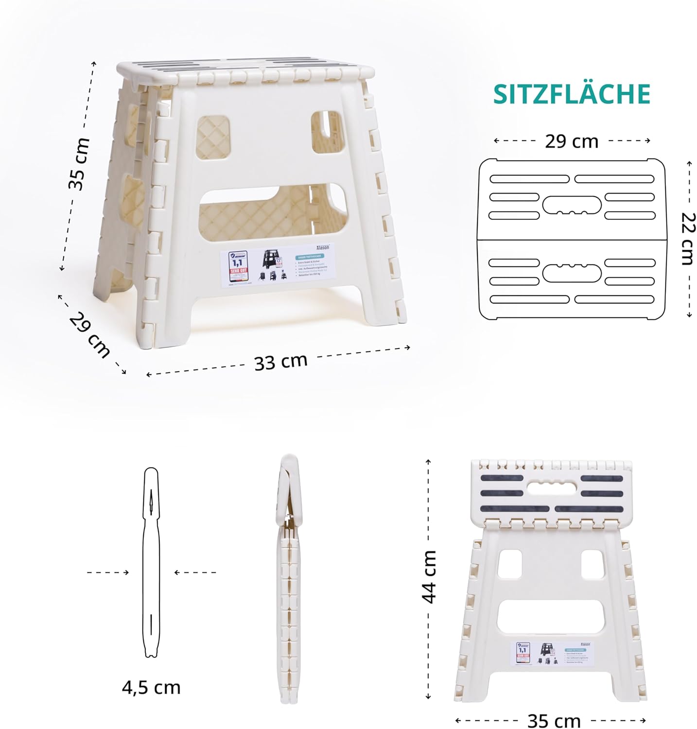 Klappbarer Tritthocker, Weiss/Beige 32cm Hoch