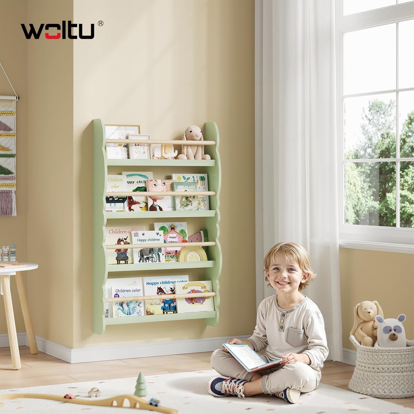 Kinder-Bücherregal mit 4 Ablagen, Grün 60x98cm