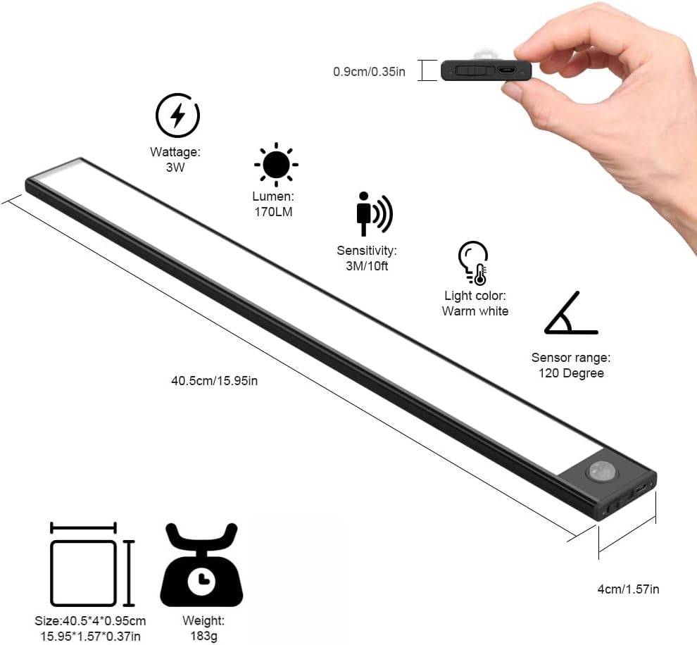 2er Pack Schrankbeleuchtung mit Bewegungsmelder, 40cm Warmweiß Schwarz