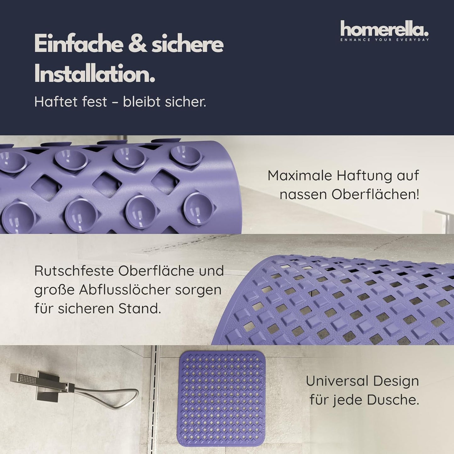 Rutschfeste Duschmatte mit Aufhängung, Lila