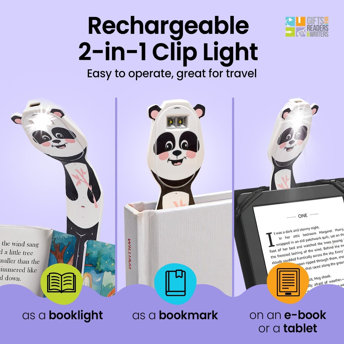 Flexilight 2-in-1 Clip On Leselampe & Lesezeichen, wiederaufladbar, Panda