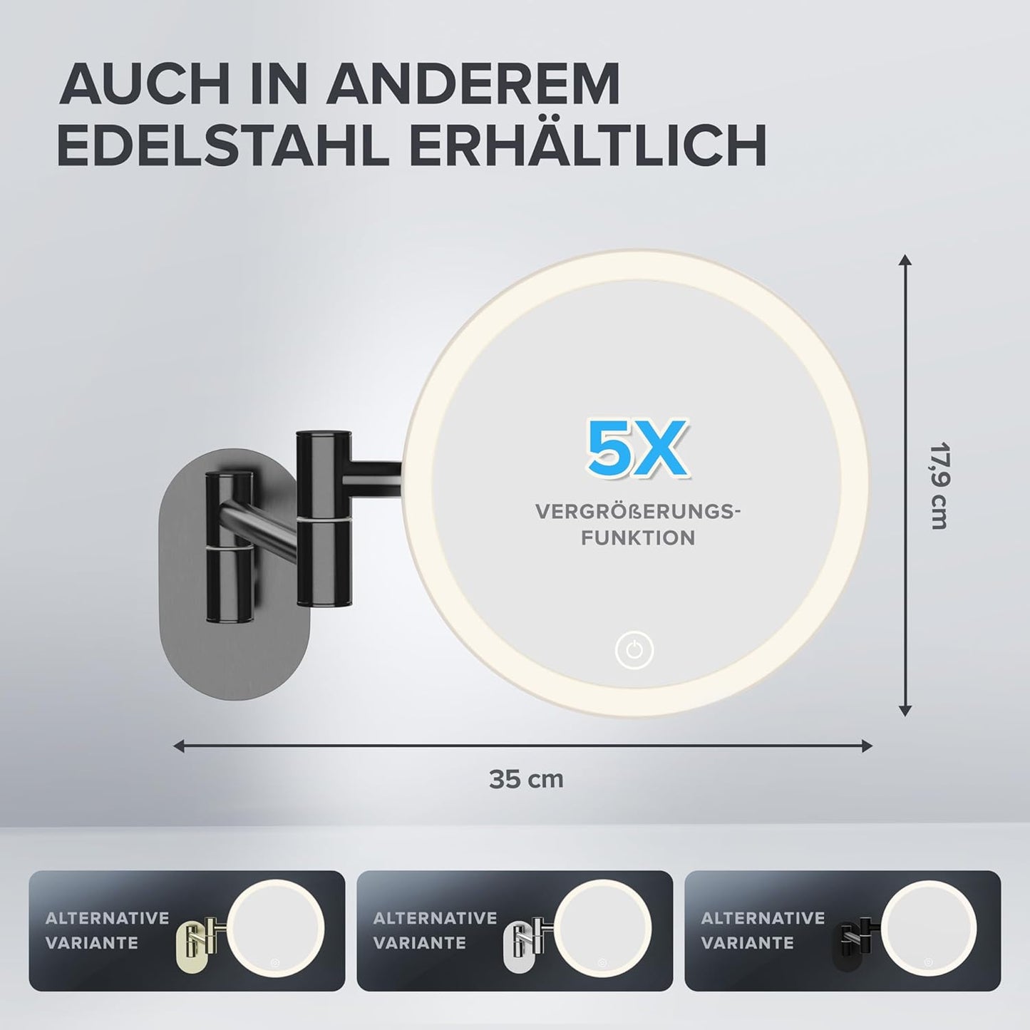 Kosmetik-Wandspiegel Ringstind mit Licht & 5-fach Vergrösserung, Gunmetal - Ohne Bohren Zum Kleben