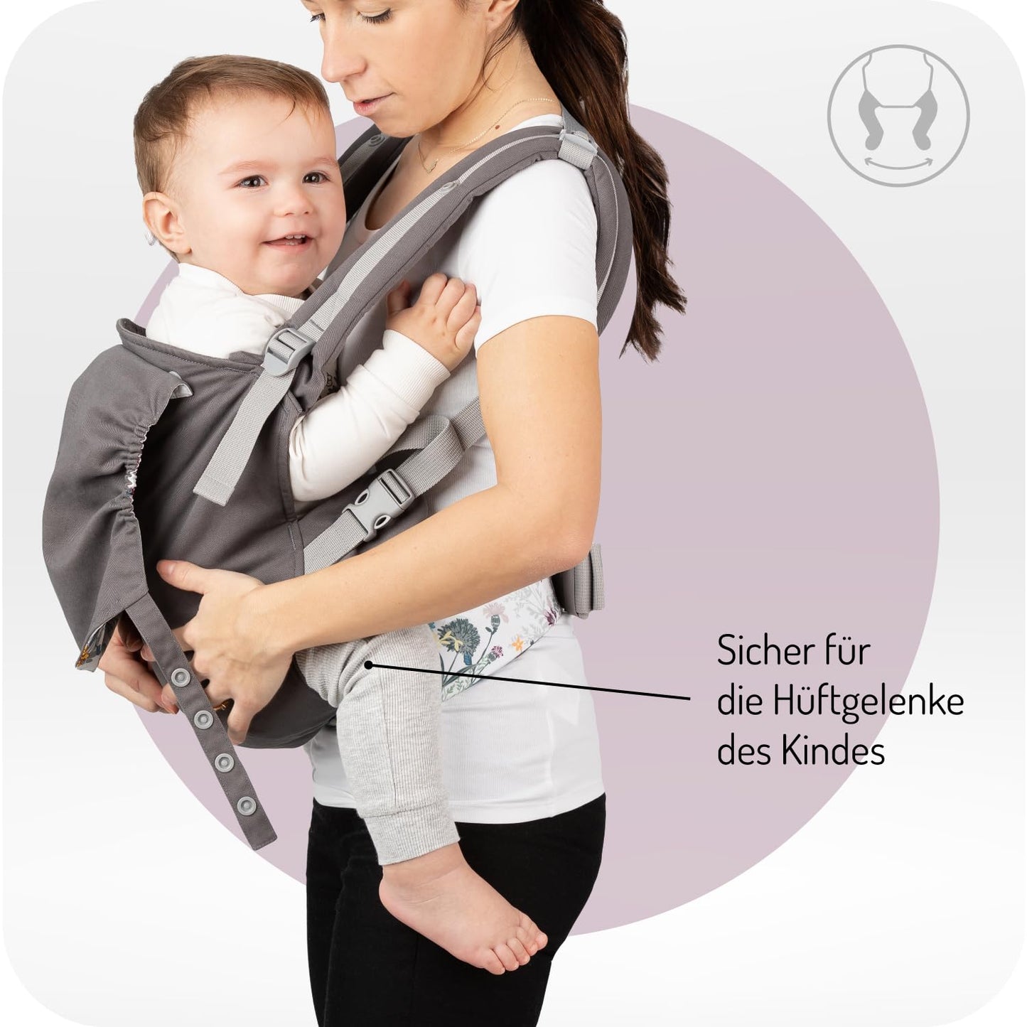 Babytrage für 2 Tragepositionen mit Kapuze und einer Köpfchenstütze, Fleurs