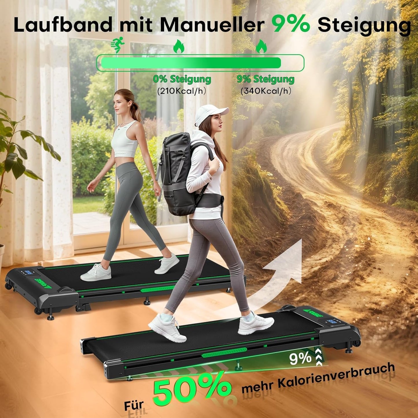 Laufband mit Steigung und Stossdämpfung, Schwarz-Grün