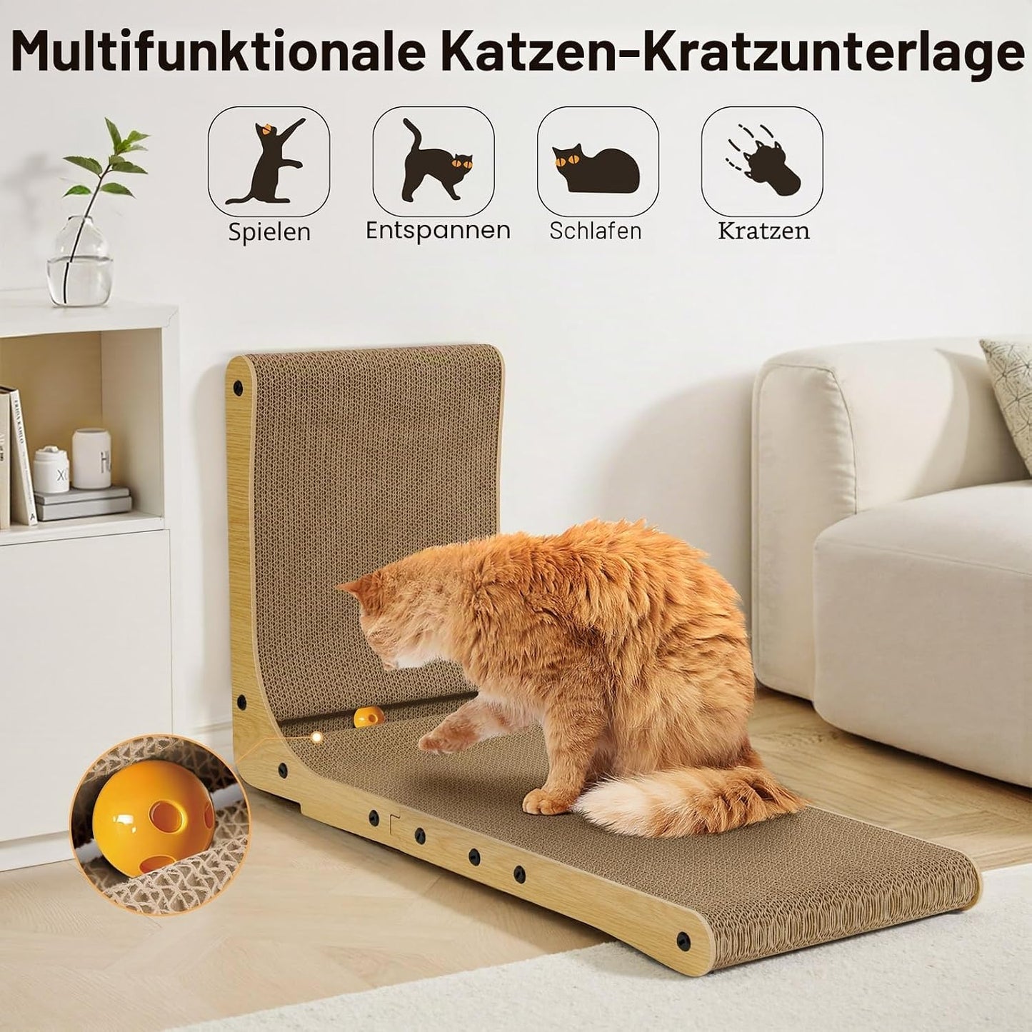 L-förmiges Katzenkratzbrett mit Ball und Glocke, Holz + Glocke 68cm