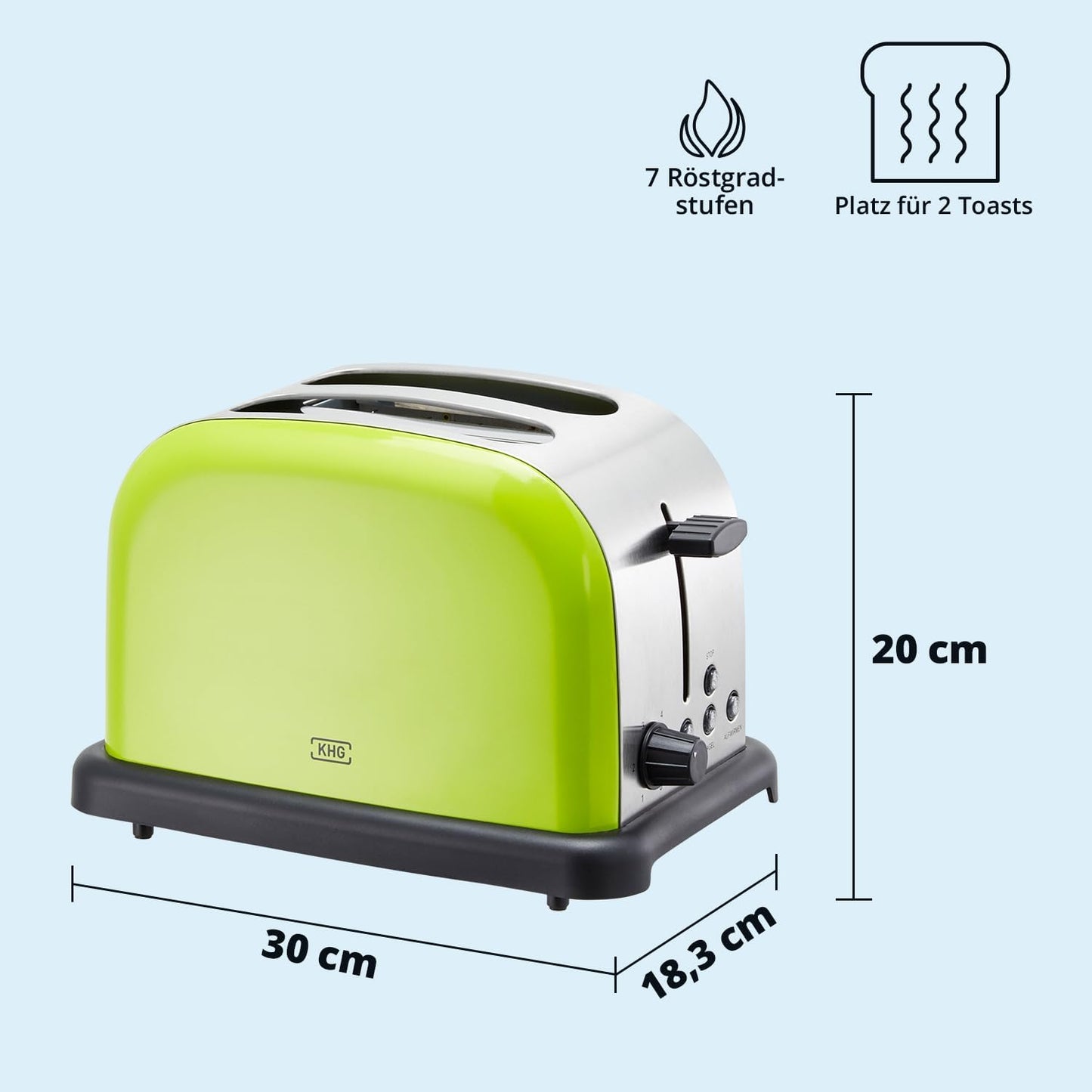 American Diner Style Toaster TO-1005 mit Brötchenaufsatz, 2 Scheiben, Lime (Grün)-edelstahlfarben-schwarz
